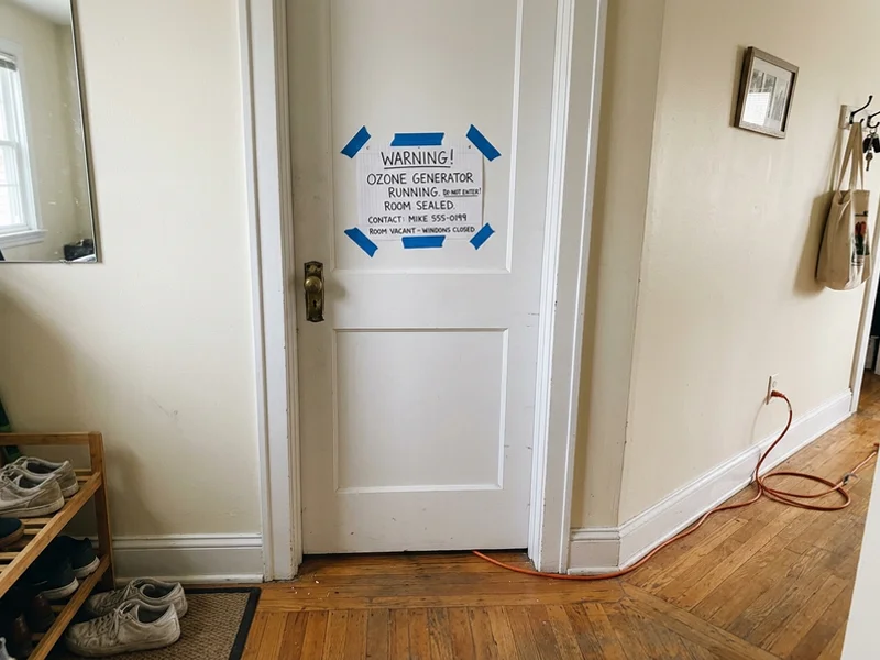 Ozone generator running in a vacated room with warning signage