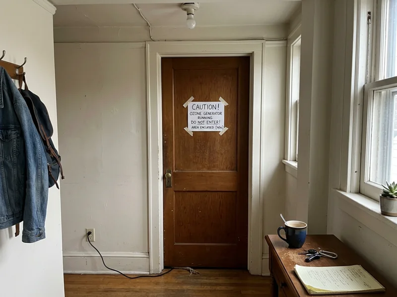 Ozone generator running in a vacated room with warning signage