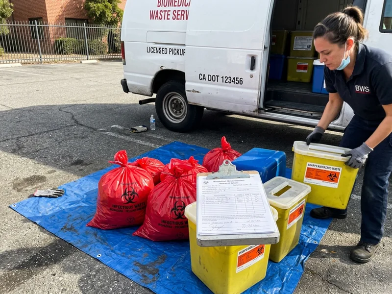 Sealed biohazard waste staged for licensed biomedical pickup