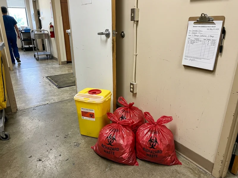 Sharps container and sealed biohazard waste staged for licensed pickup