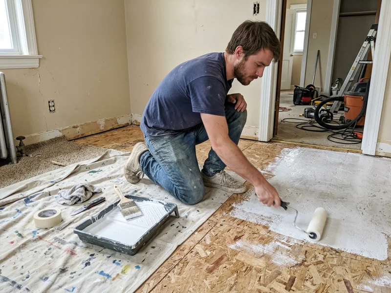 Applying odour-blocking sealer to exposed subfloor