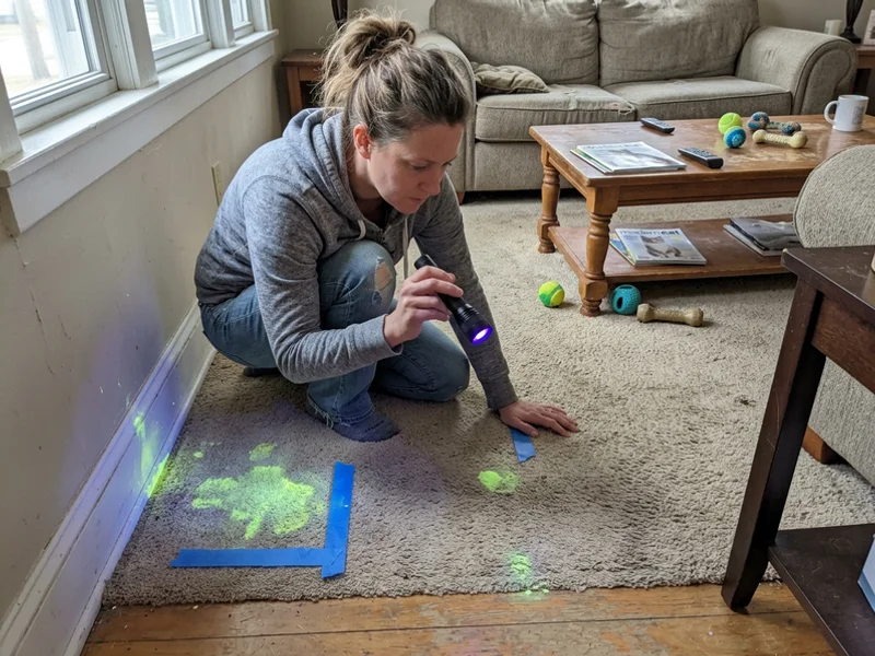 UV light revealing pet urine contamination on carpet and baseboard