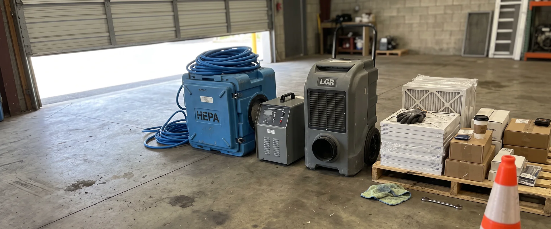 Rental air scrubber, ozone generator, and dehumidifier lined up for pickup