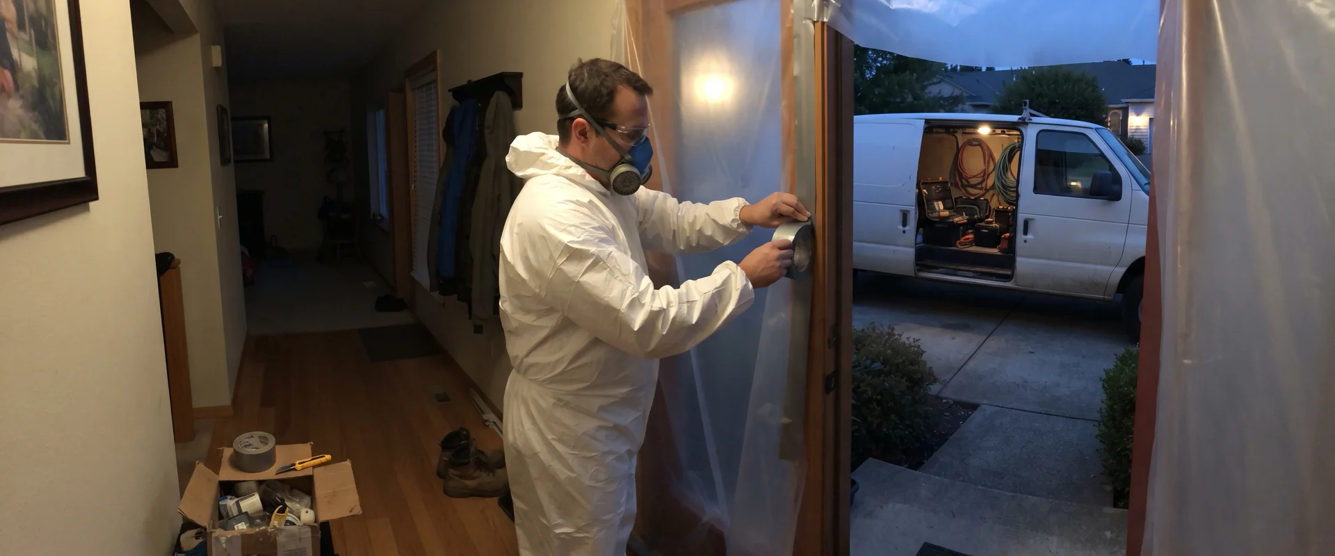 Certified technician setting up containment at a residential property