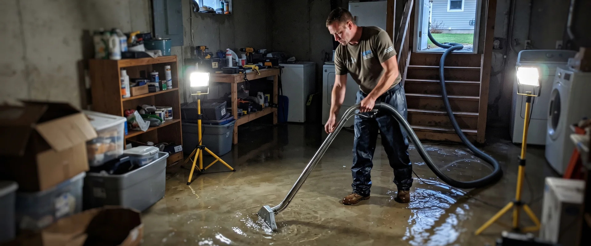 Technician extracting water from a flooded Hamilton basement at night
