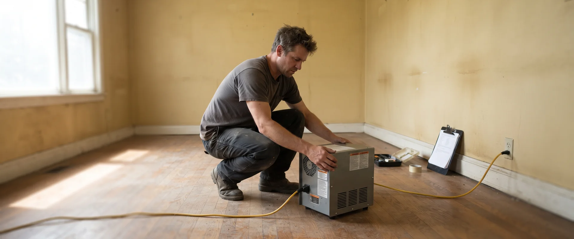 Technician setting up a hydroxyl generator in a tobacco-stained room