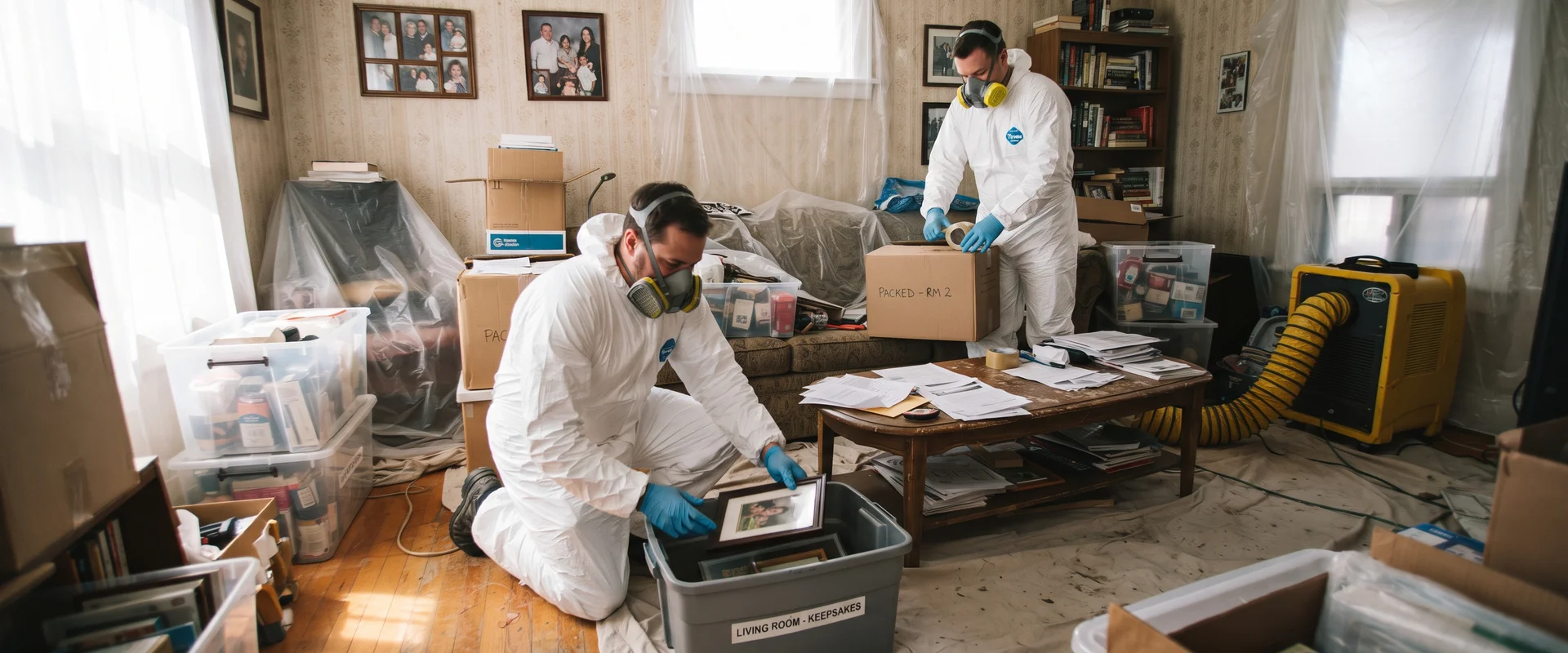 Technicians in protective suits sorting belongings into labelled bins during a hoarding cleanup