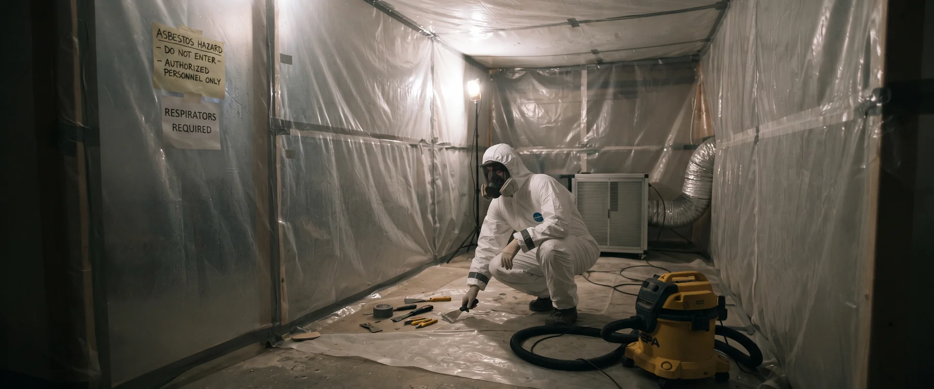 Worker inside a sealed asbestos containment enclosure with negative air