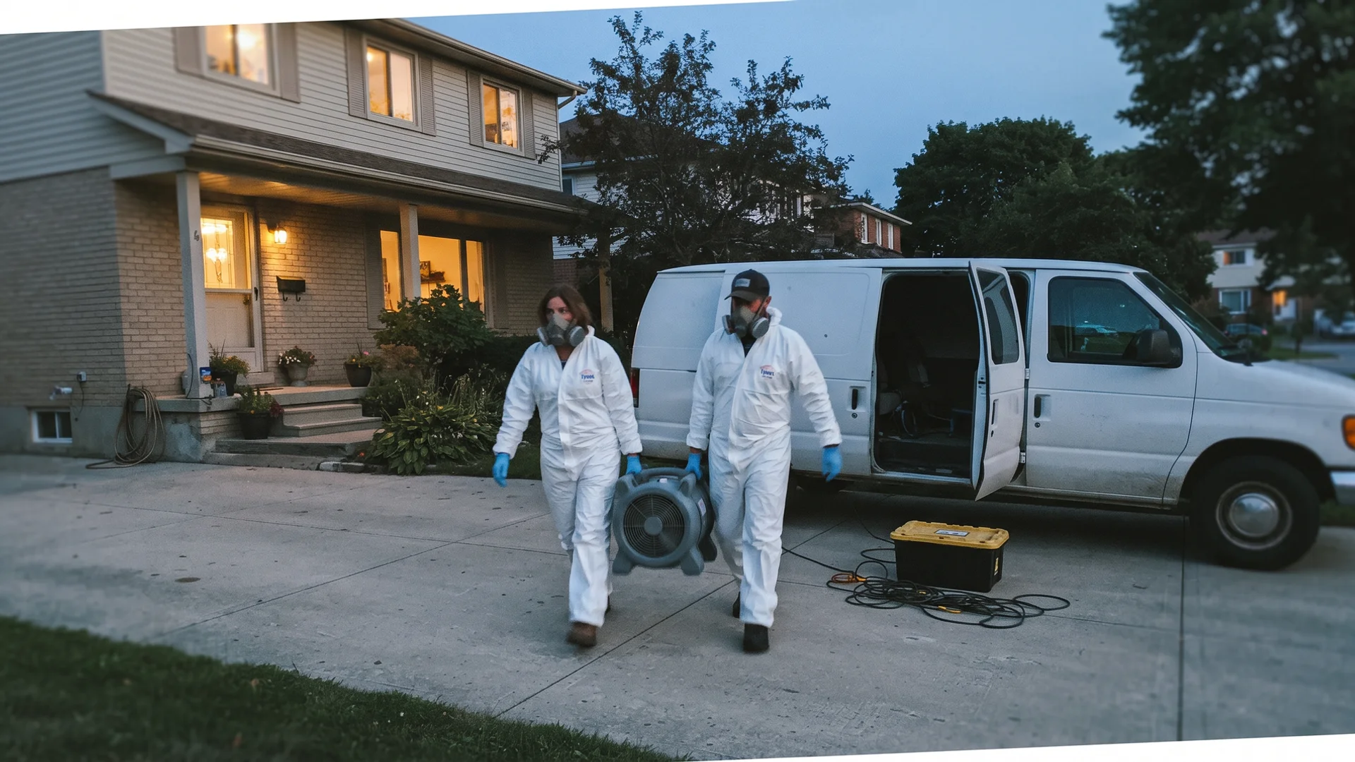 Certified remediation technicians arriving at a Hamilton home with equipment