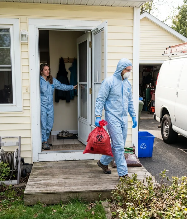 Technician carrying sealed biohazard waste from a home