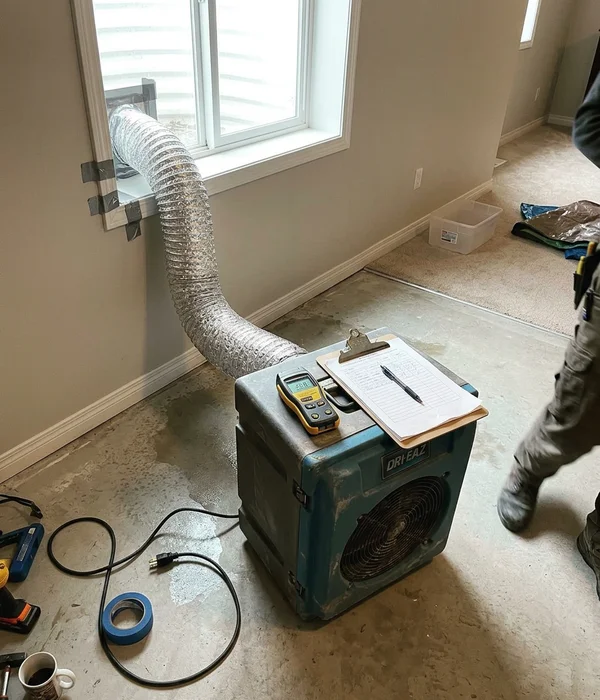 HEPA air scrubber and moisture meter on a drying basement floor