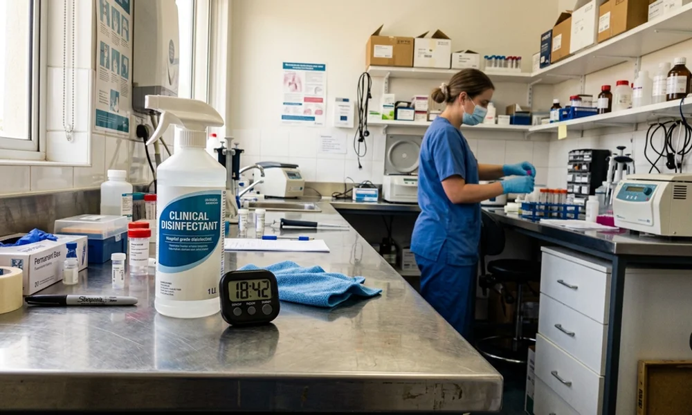 Hospital-grade disinfectant with a dwell timer during application