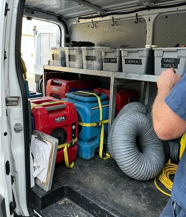 Organised remediation equipment inside a service van