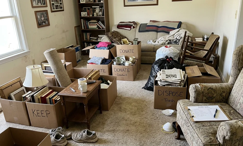 Contents sorted into keep, donate, and dispose groups during an estate clear-out