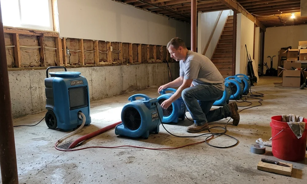 Air movers and a dehumidifier running during structural drying in a Hamilton basement
