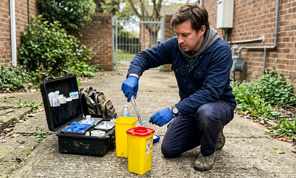 Technician recovering discarded needles into a rated sharps container