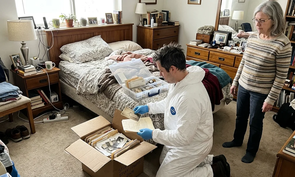 Technicians in protective equipment carefully sorting belongings during a Hamilton hoarding cleanup