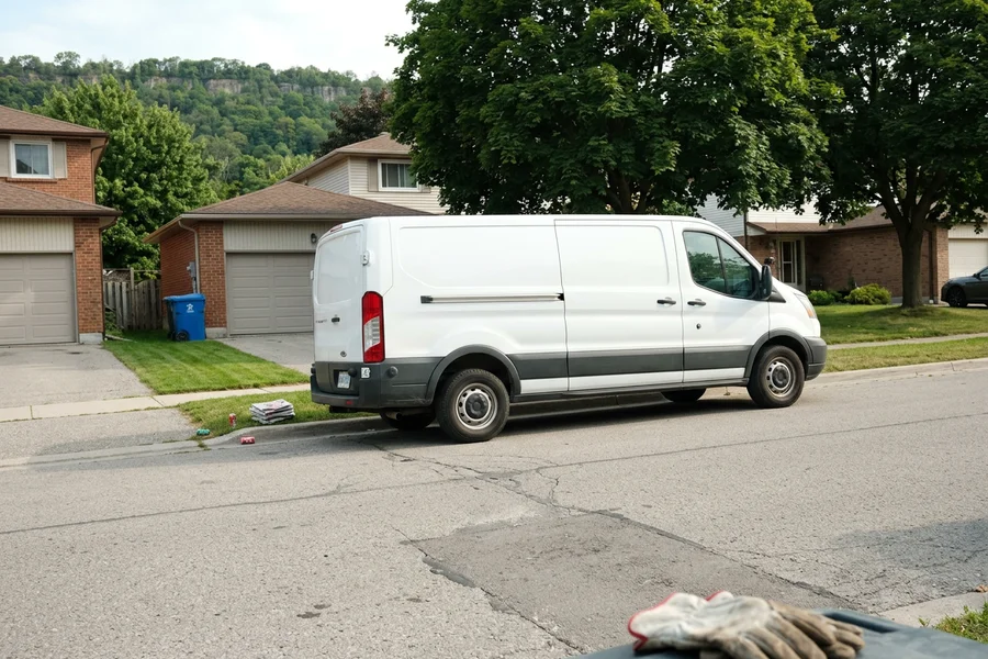 Unmarked service van on a residential street in Hamilton